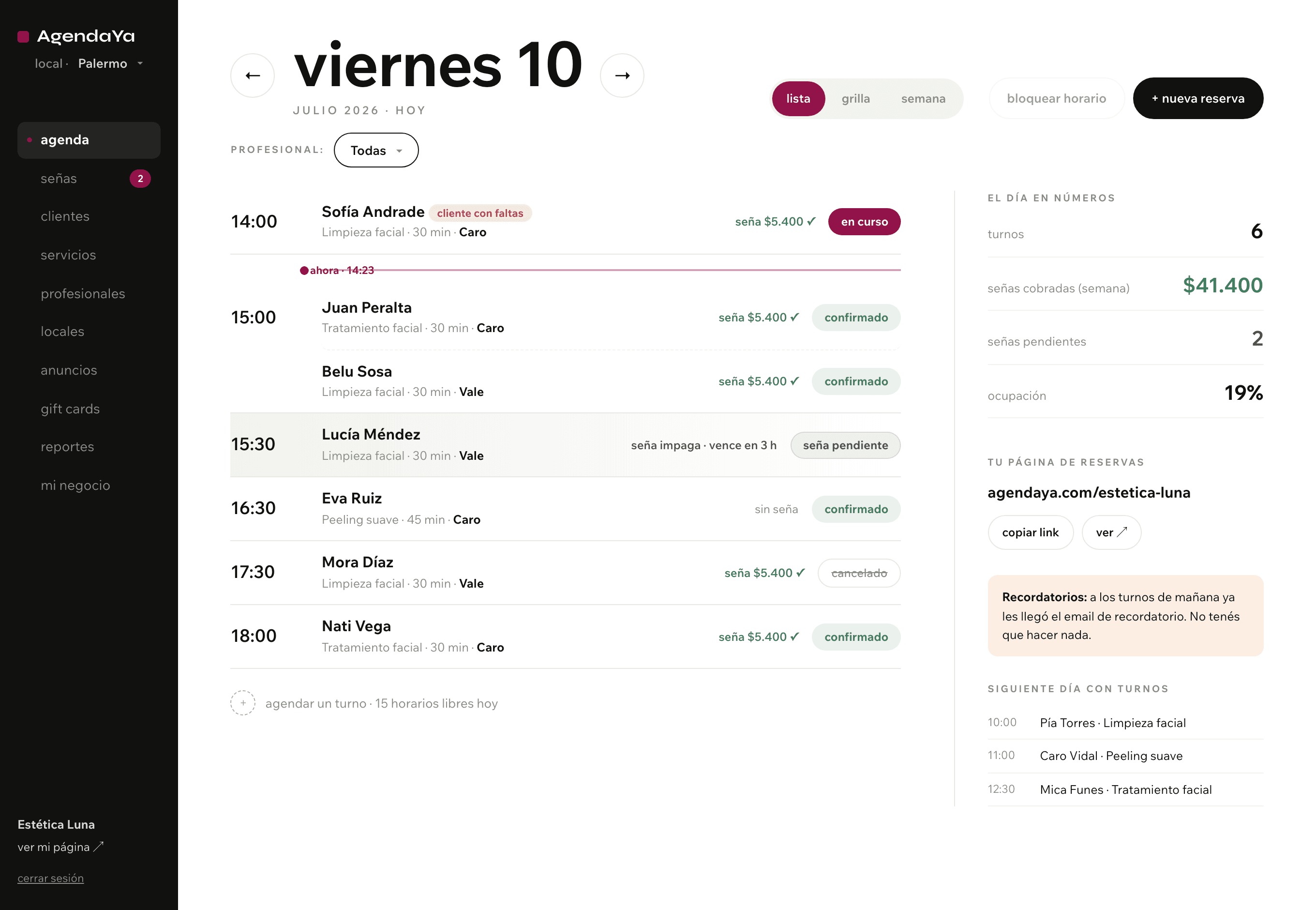 Panel de agenda de AgendaYa con los turnos del día, el estado de cada reserva y las señas cobradas